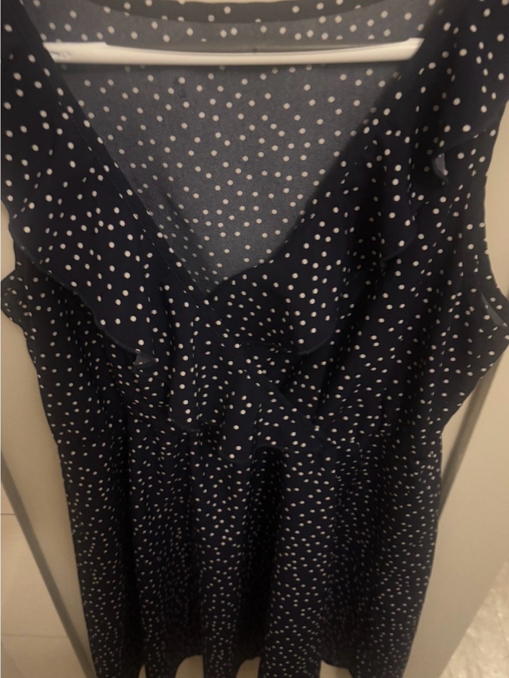 Navy Polka Dot Ruffle Front Dress - Picture 3 of 3